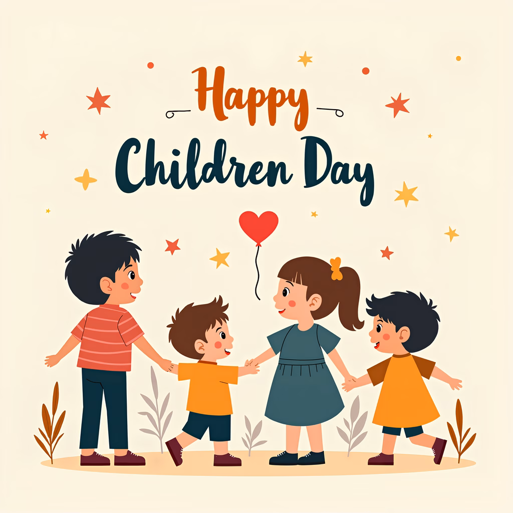 Children celebrating together on Children’s Day with a heart balloon and stars.