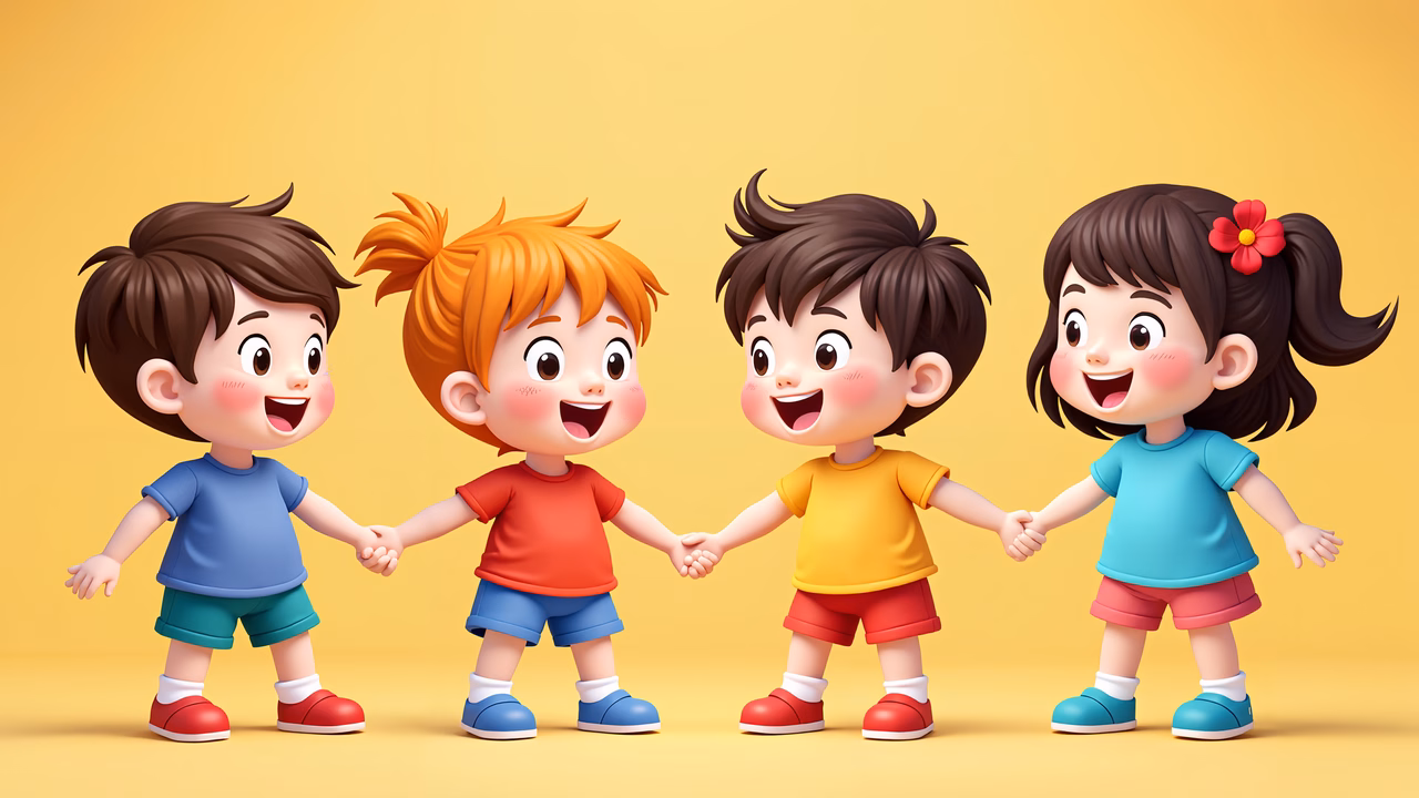 Brightly colored children holding hands, expressing happiness and unity.