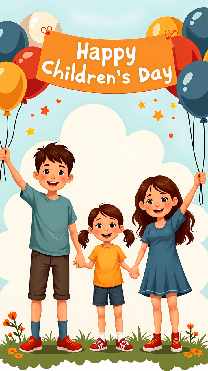 Happy Children's Day celebration with joyful kids and balloons.