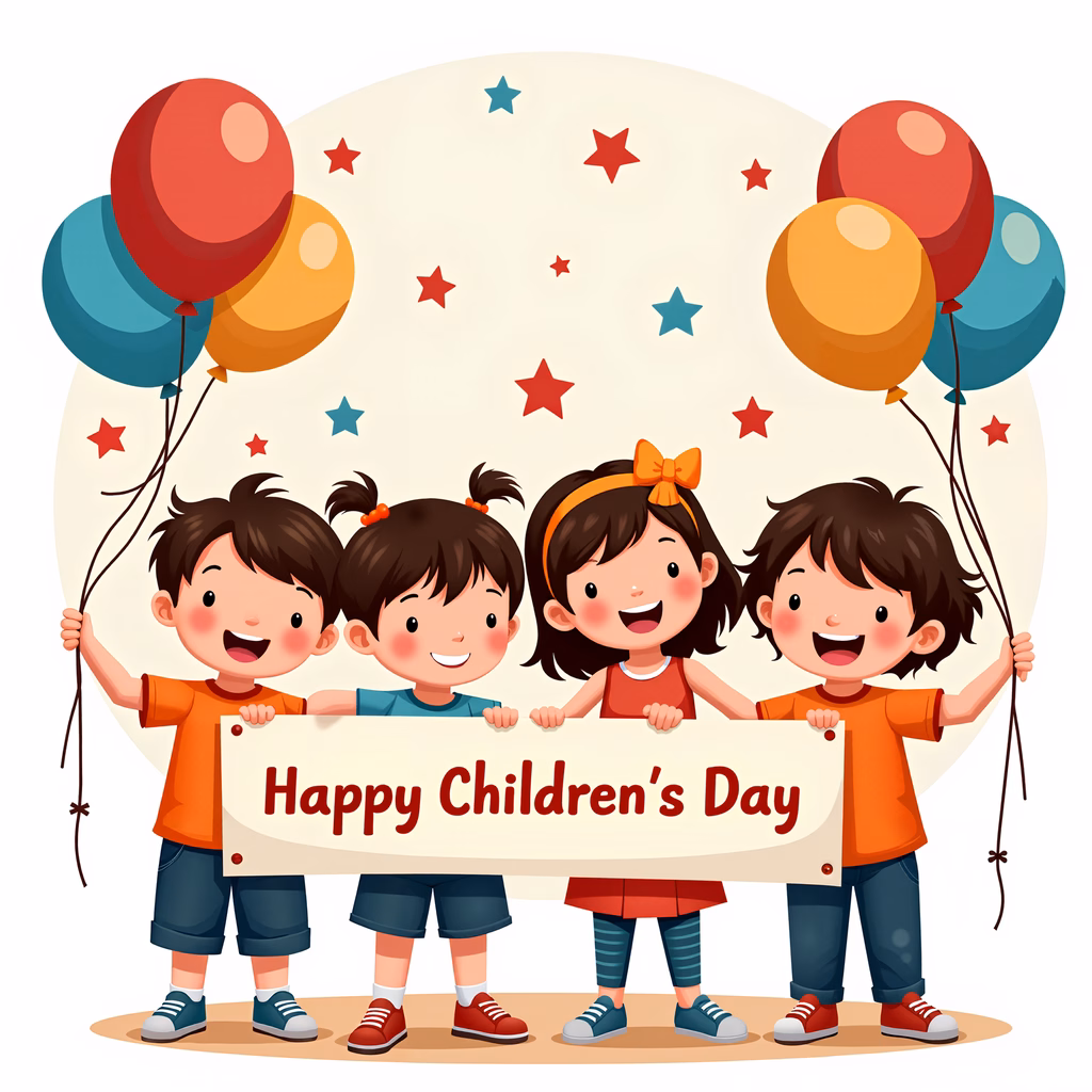 Brightly colored children celebrating Children's Day with balloons and a festive sign.
