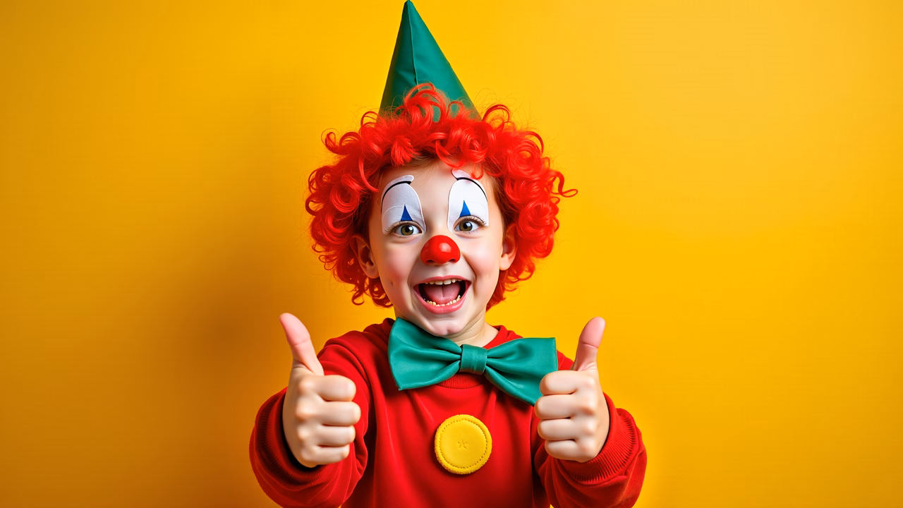 Brightly colored clown giving thumbs up against a yellow backdrop.