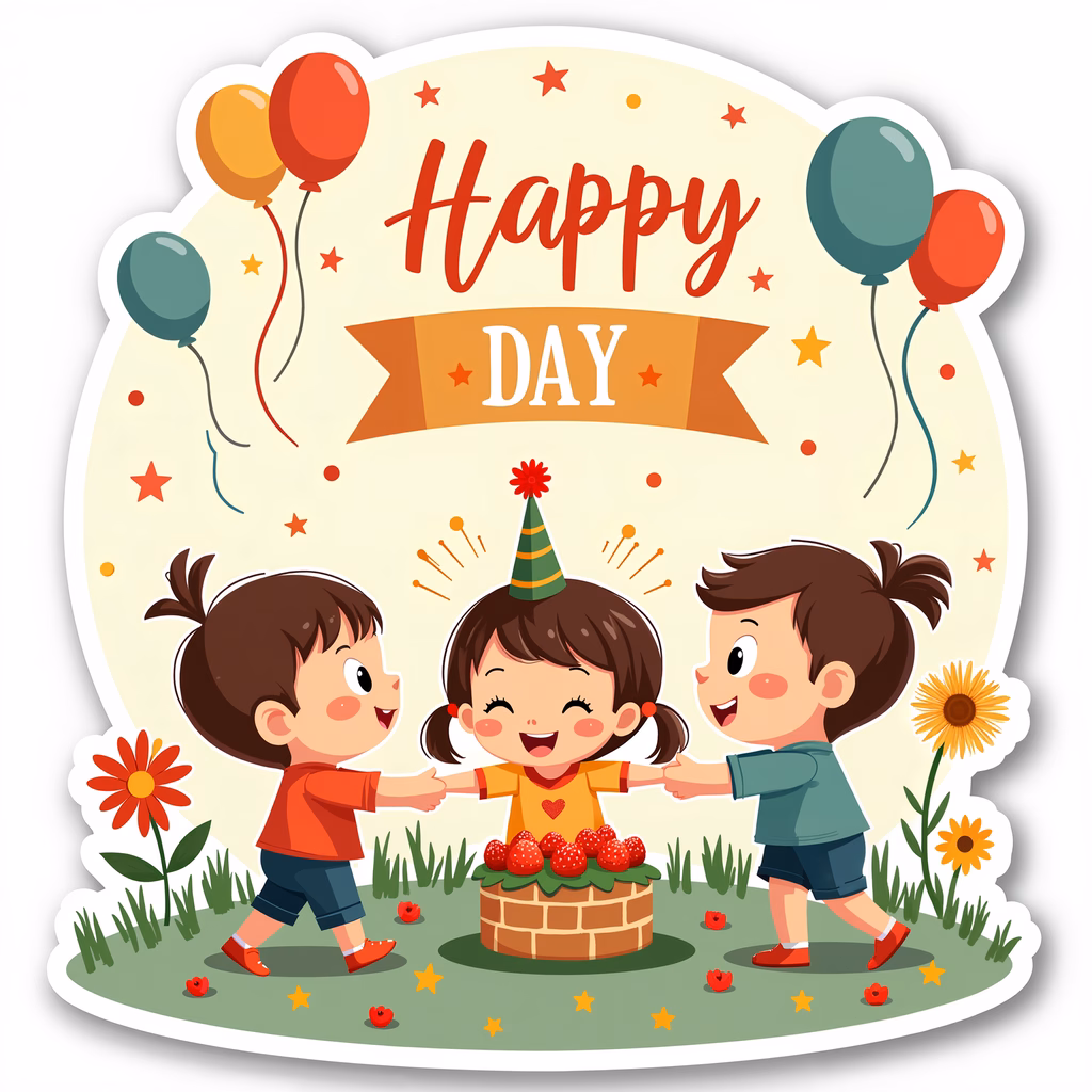 A colorful illustration of children celebrating a birthday with balloons and a strawberry cake.