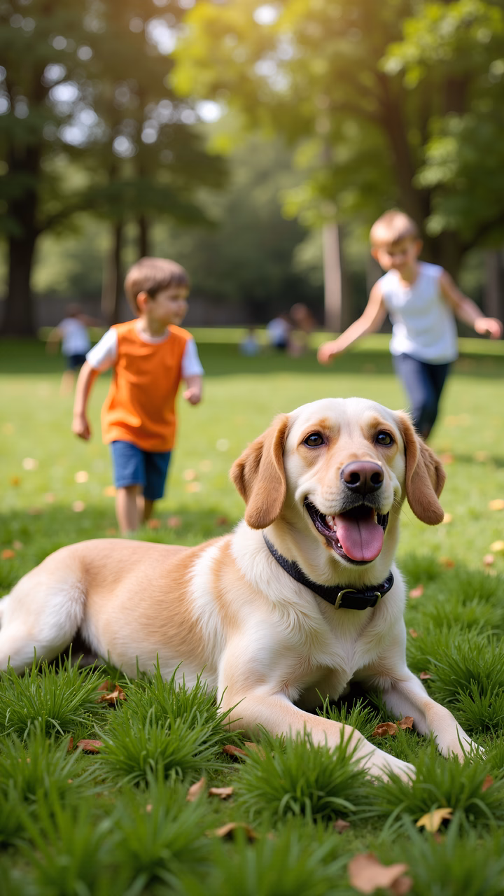 A happy dog and children playing in a sunny park.