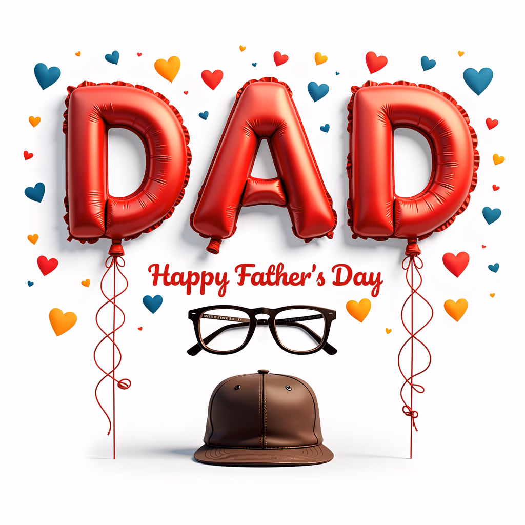 Festive Father's Day illustration with balloons and accessories.