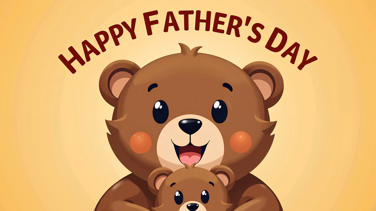 A heartwarming Father's Day card featuring two teddy bears against a warm yellow gradient background.