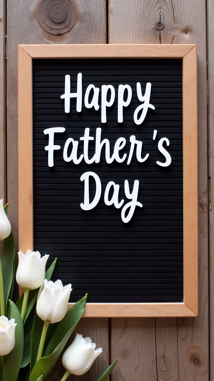 Black letterboard with 'Happy Father's Day' message, framed by white tulips on rustic wood.