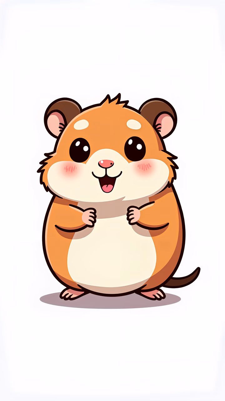 A cute, anthropomorphic hamster with big eyes and a happy expression.