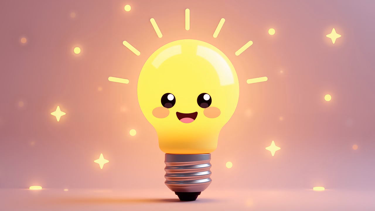 A cute, smiling lightbulb character against a starry pink background.