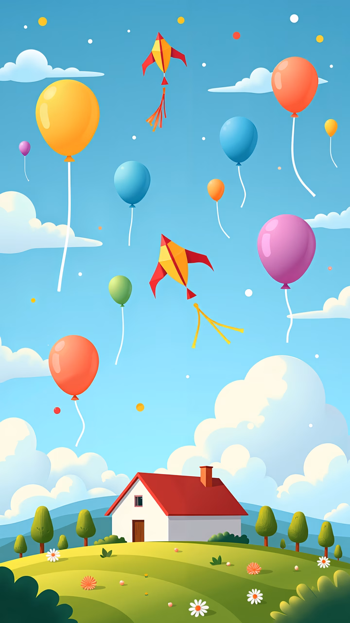 Brightly colored balloons and kites soar above a charming house in a picturesque landscape.