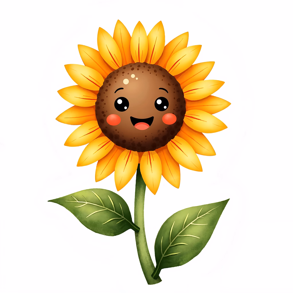 Bright, cheerful sunflower with a happy face, perfect for children's art.