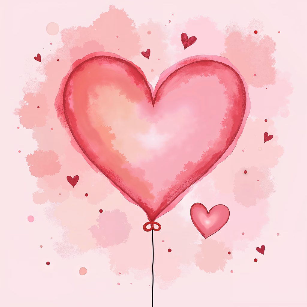 A heart balloon floating amidst soft pink splatters, perfect for Valentine's Day celebrations.