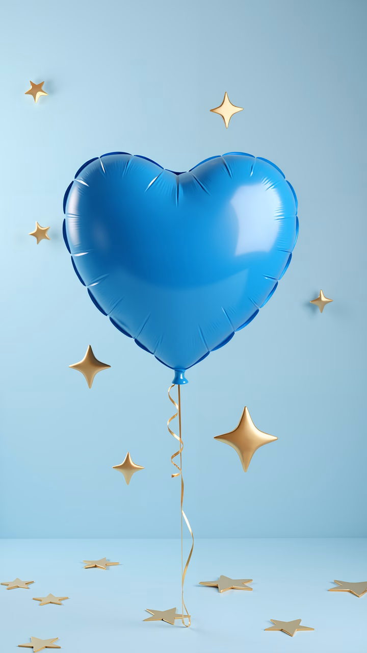 Glossy blue heart balloon with golden stars on a light blue background.