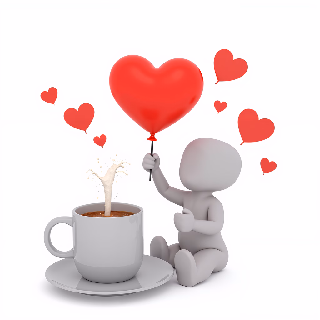 A heart balloon floats above a steaming cup of coffee, symbolizing love and affection.