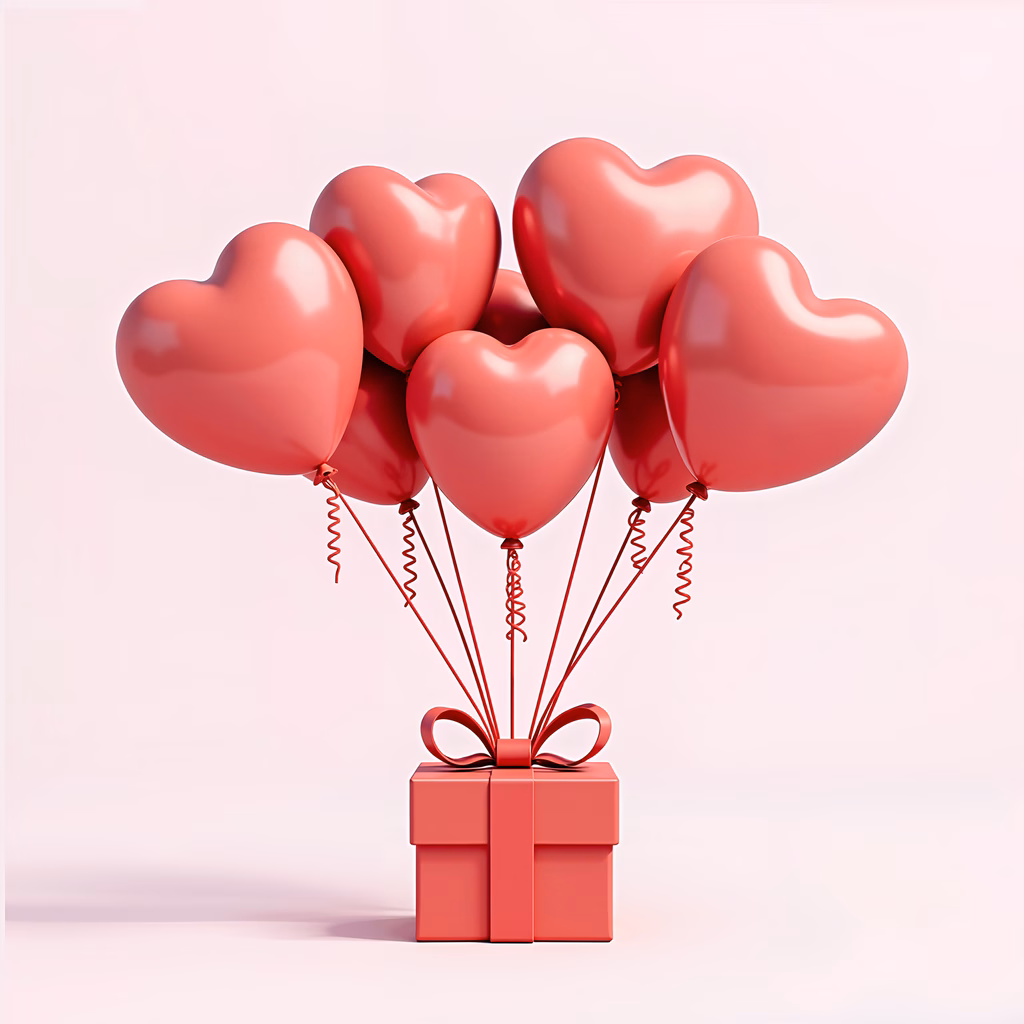 A heart-themed gift box with balloons, perfect for Valentine's Day celebrations.