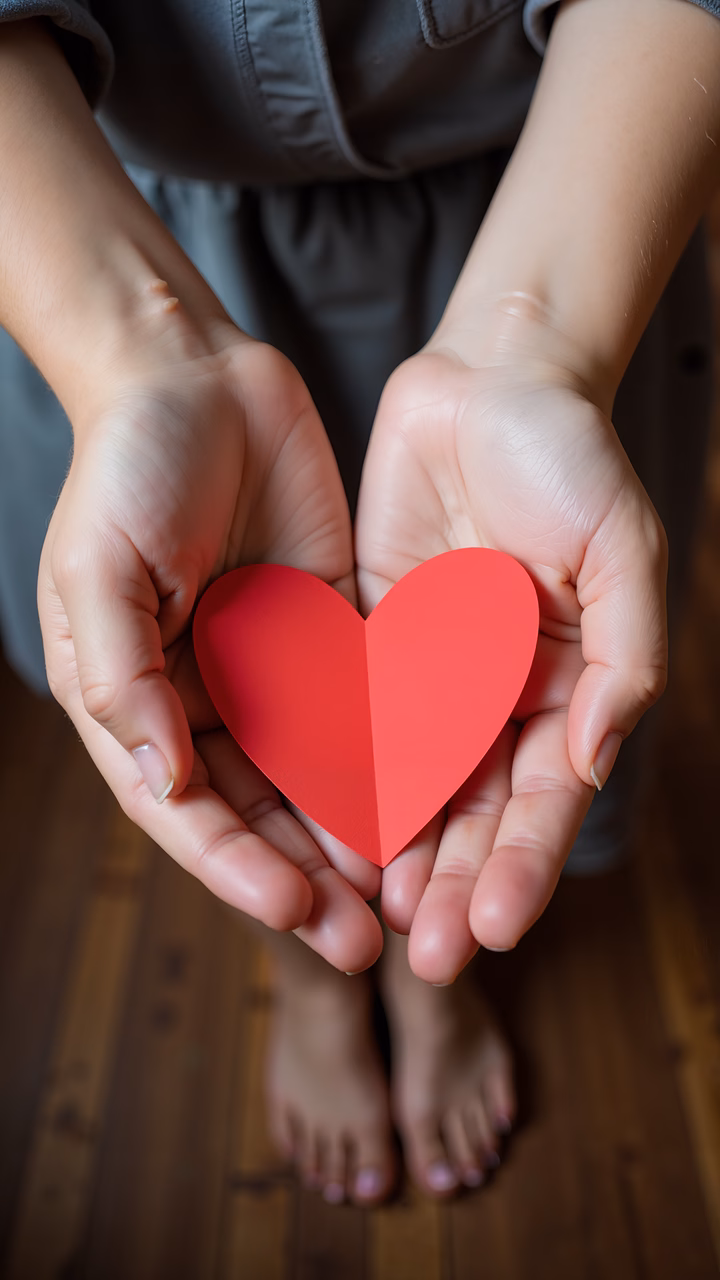 Close-up of hands holding a red heart, symbolizing love and care.