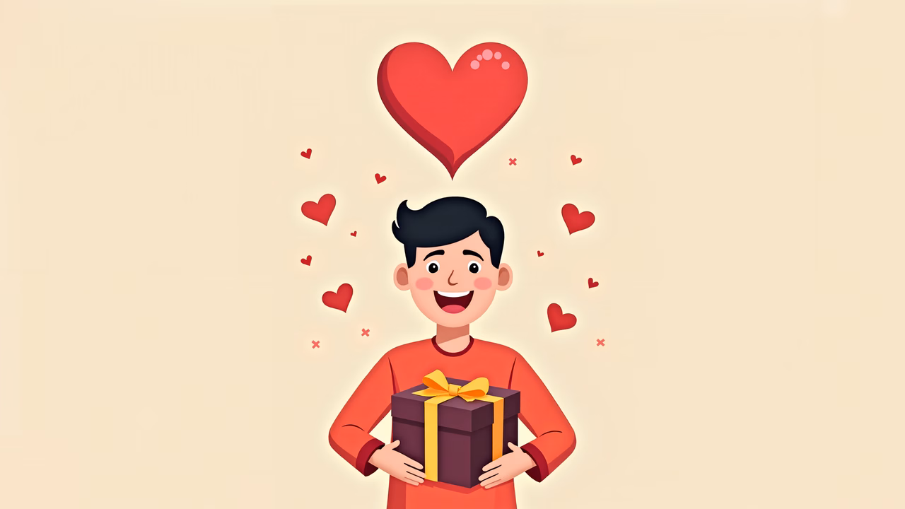 A person holding a gift box with a heart above them, celebrating Valentine's Day.