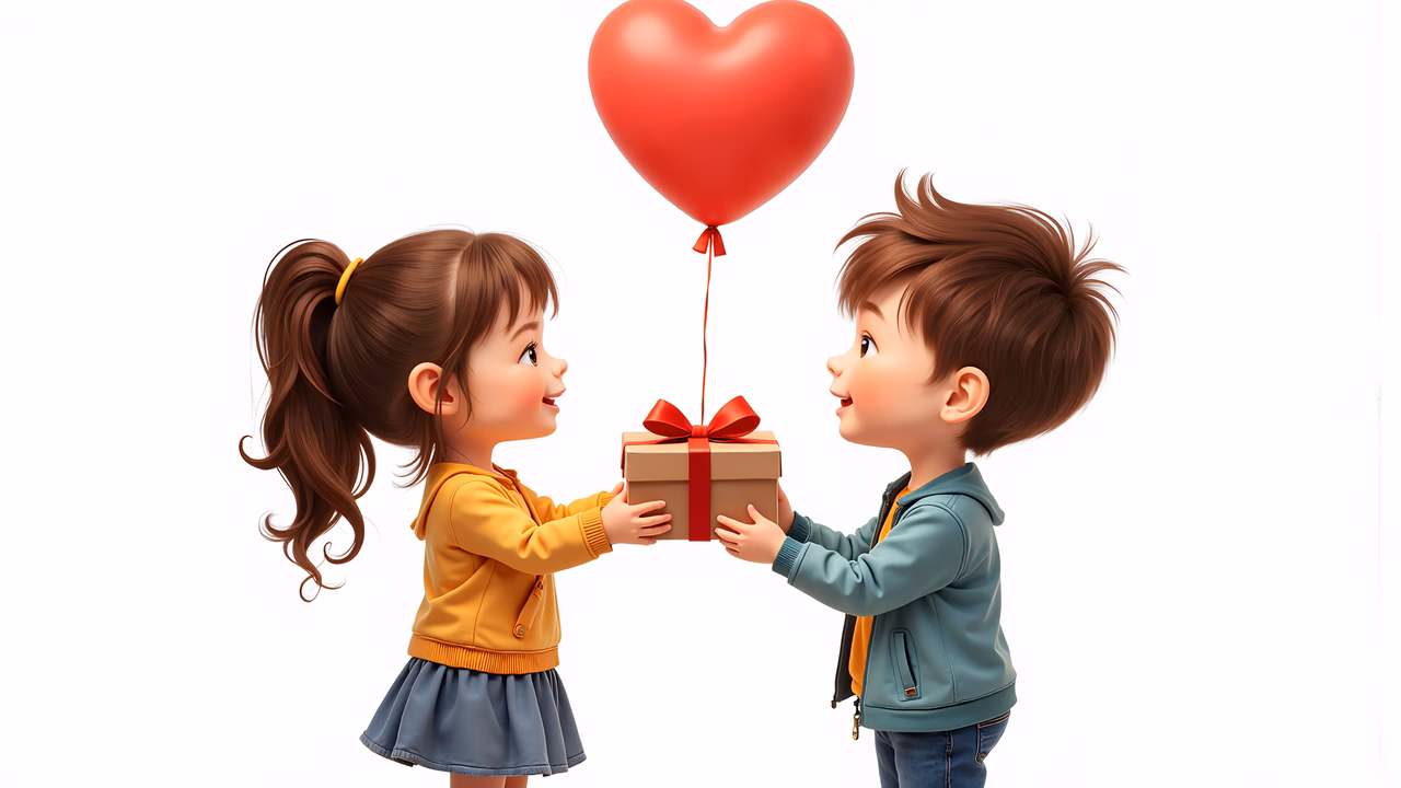 Two children share a heartfelt moment with a gift and a heart balloon.