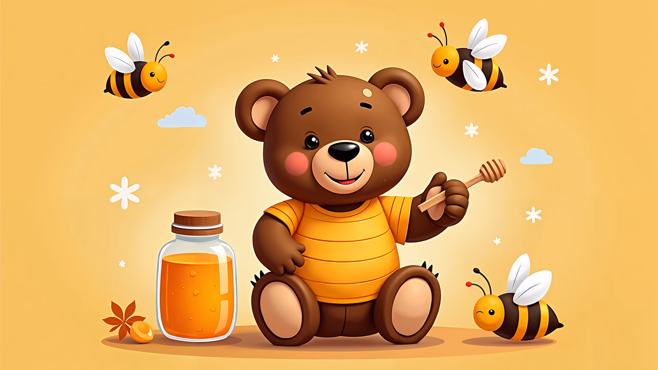 A delightful bear enjoying honey with bees flying around in a sunny setting.