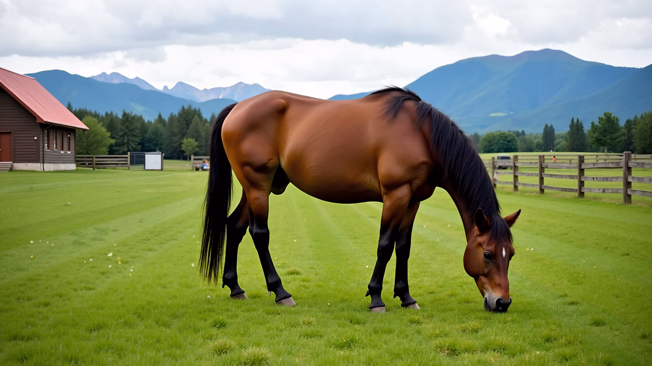 A peaceful horse grazing in a picturesque rural setting with mountains in the background.