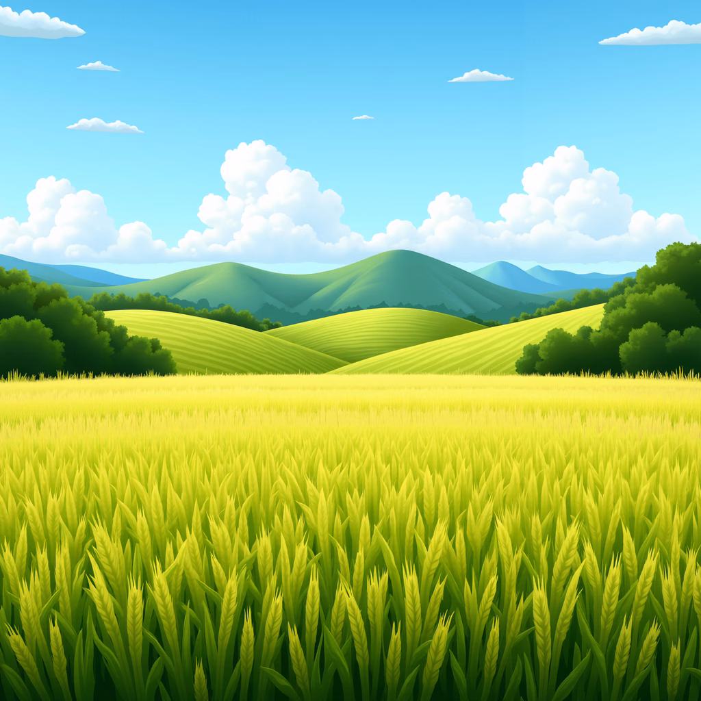A tranquil countryside scene with golden wheat fields and rolling green hills under a bright blue sky.