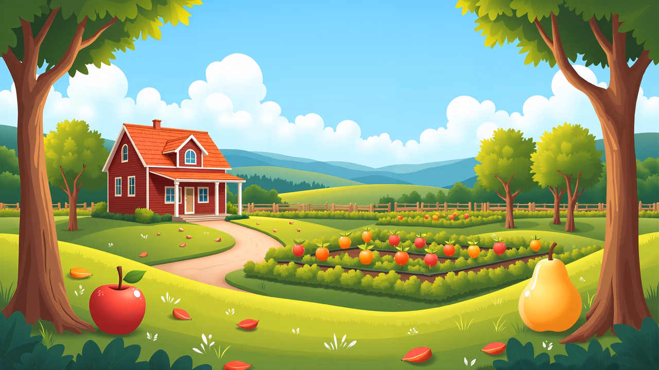 Idyllic farm landscape with red house and blooming fields.