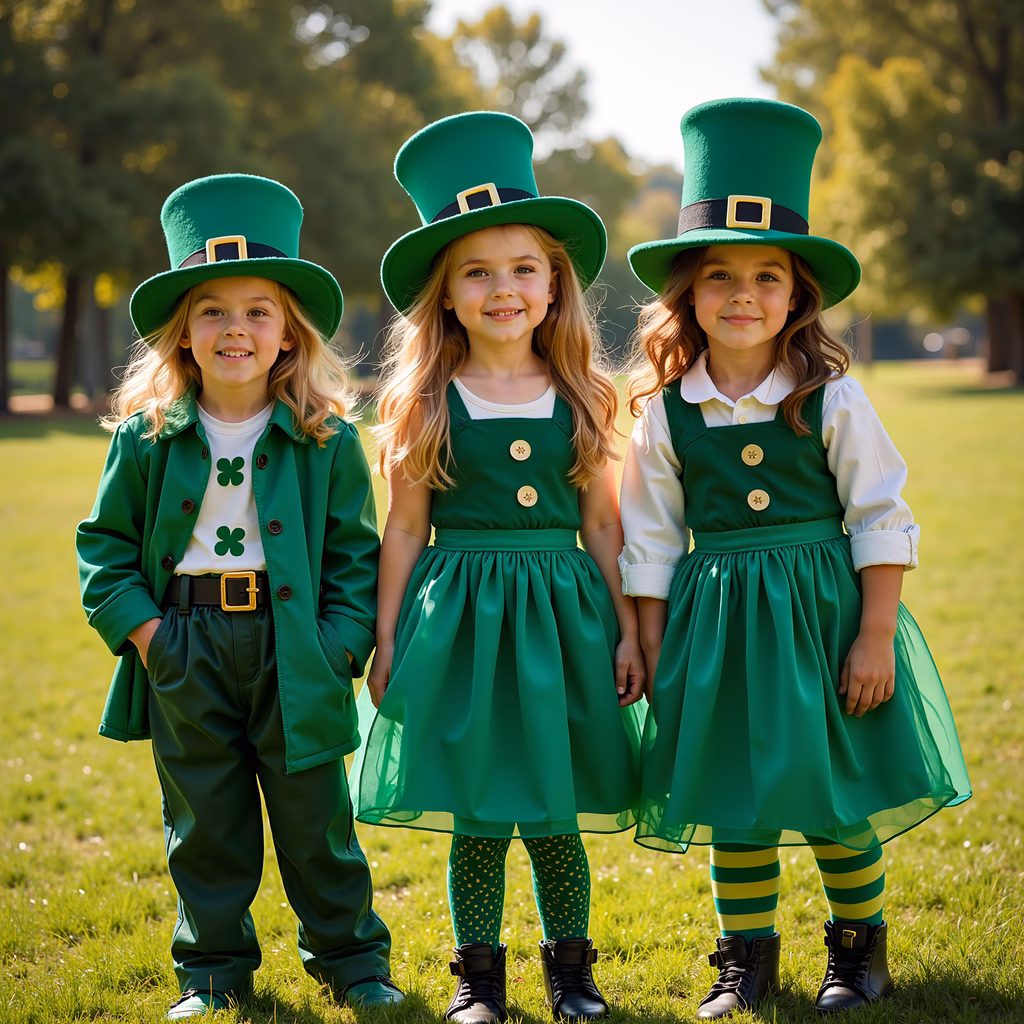 Children dressed as leprechauns celebrating St. Patrick's Day in a sunny park.
