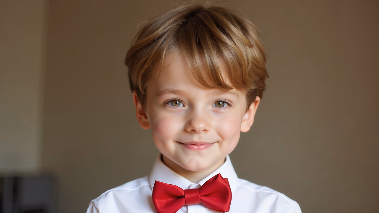 Close-up portrait of a young boy in a white shirt and red bow tie, smiling warmly.
