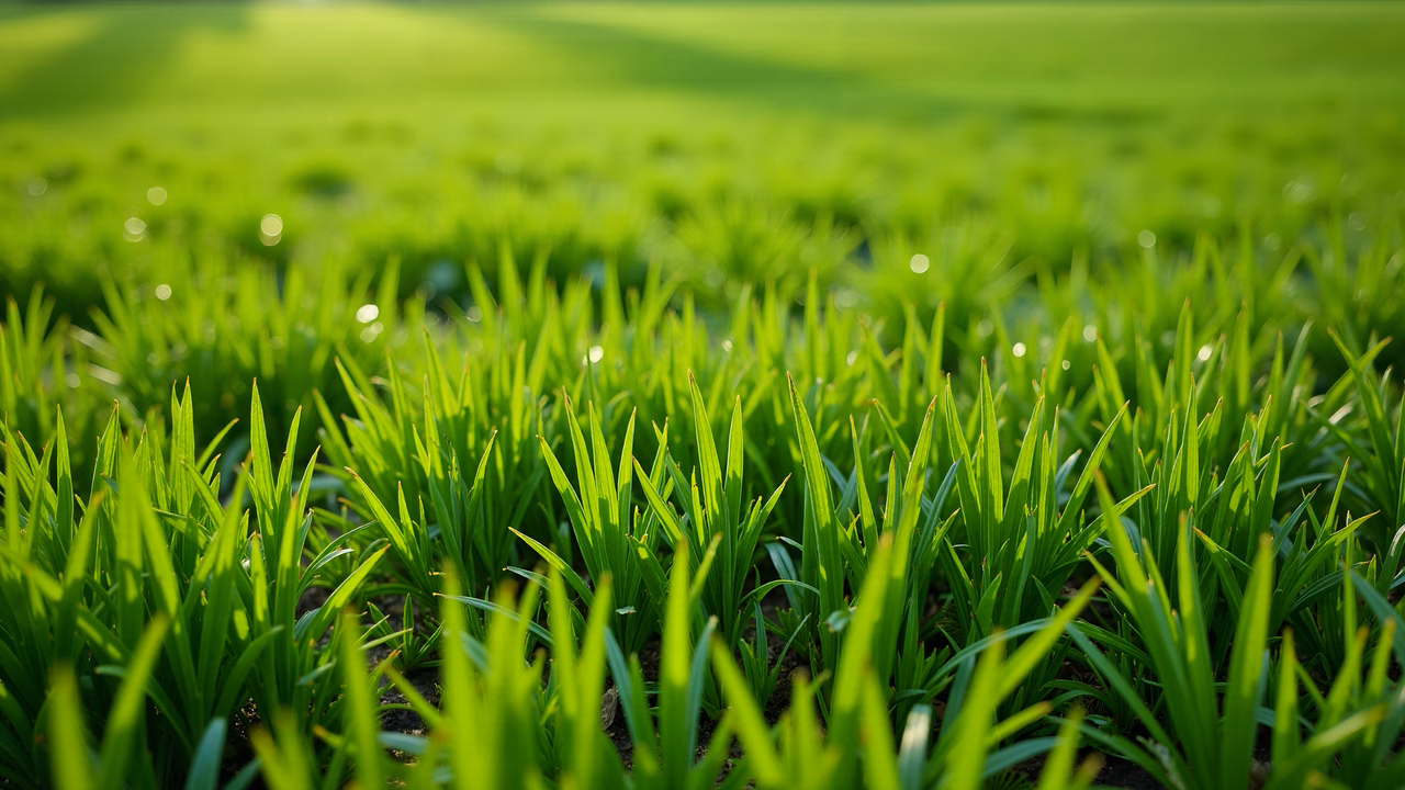 Close-up of vibrant green grass under bright sunlight, symbolizing renewal and tranquility.