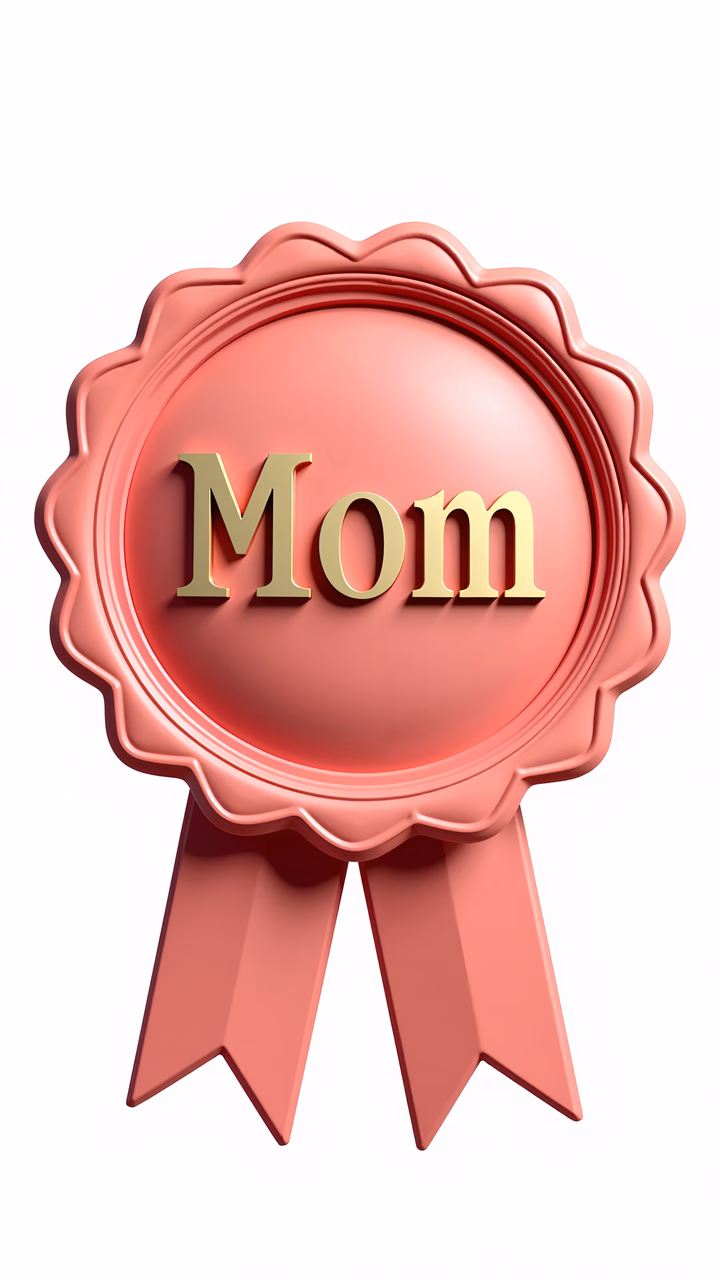 A charming pink ribbon badge celebrating motherhood.