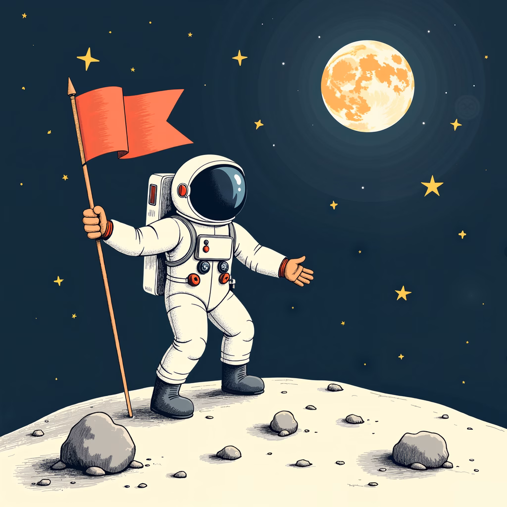 Illustrated astronaut planting a flag on the moon under a starry sky.