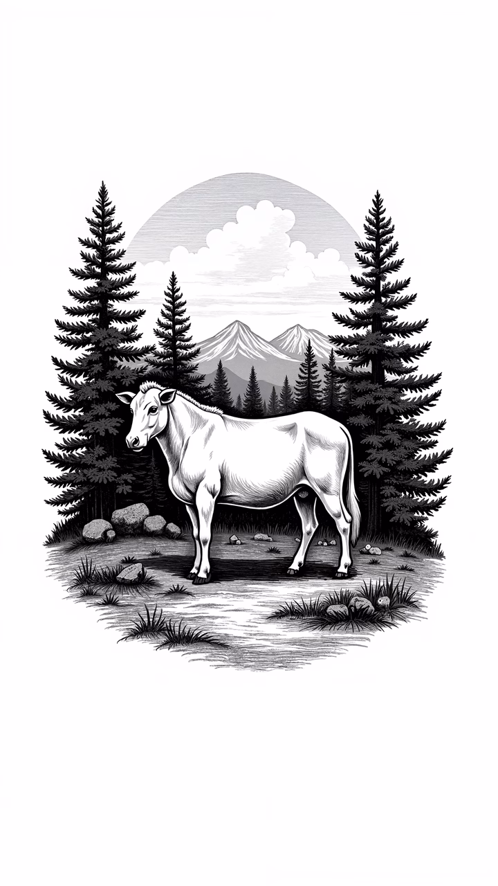 A tranquil black-and-white illustration featuring a cow amidst a mountainous landscape.