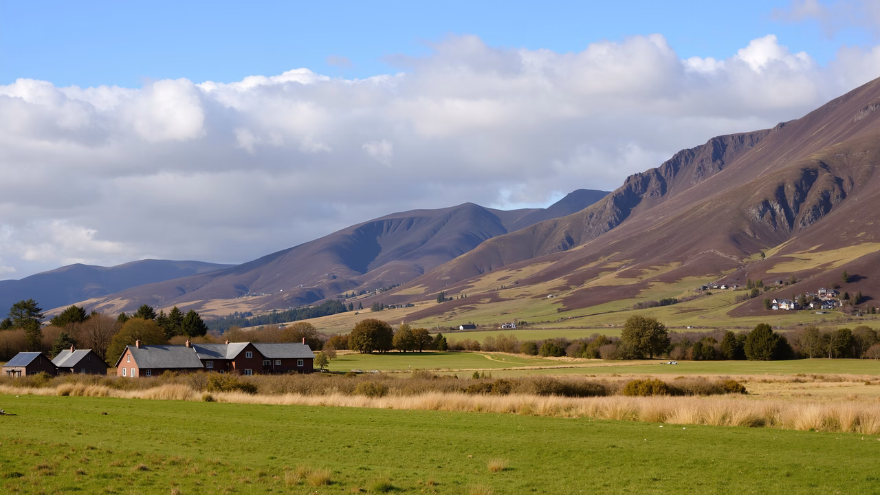 A tranquil pastoral landscape with rolling hills, houses, and majestic mountains.