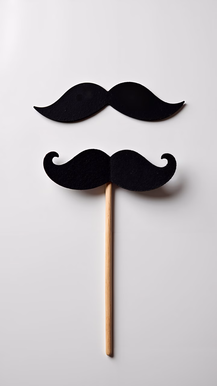 Two black mustache props on wooden sticks, minimalist design, playful atmosphere.