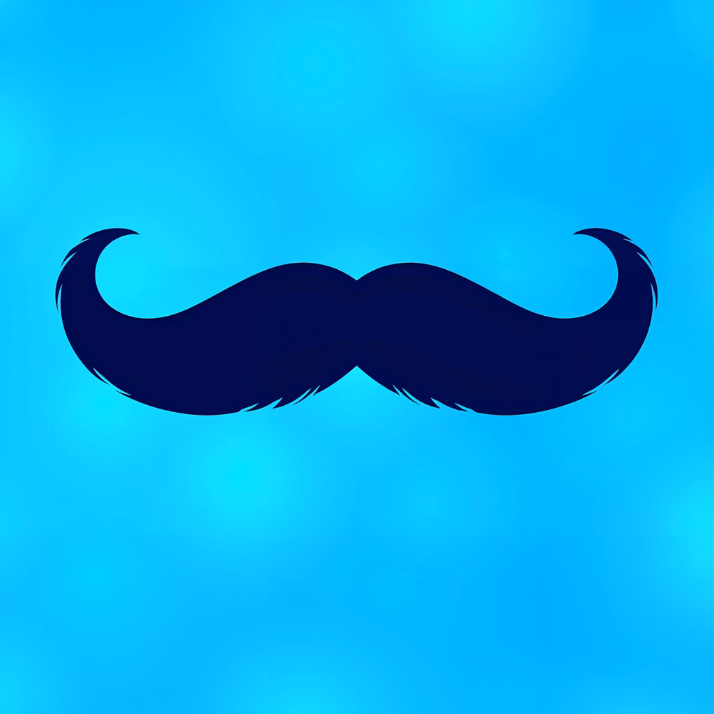Bold mustache silhouette on a gradient blue background.