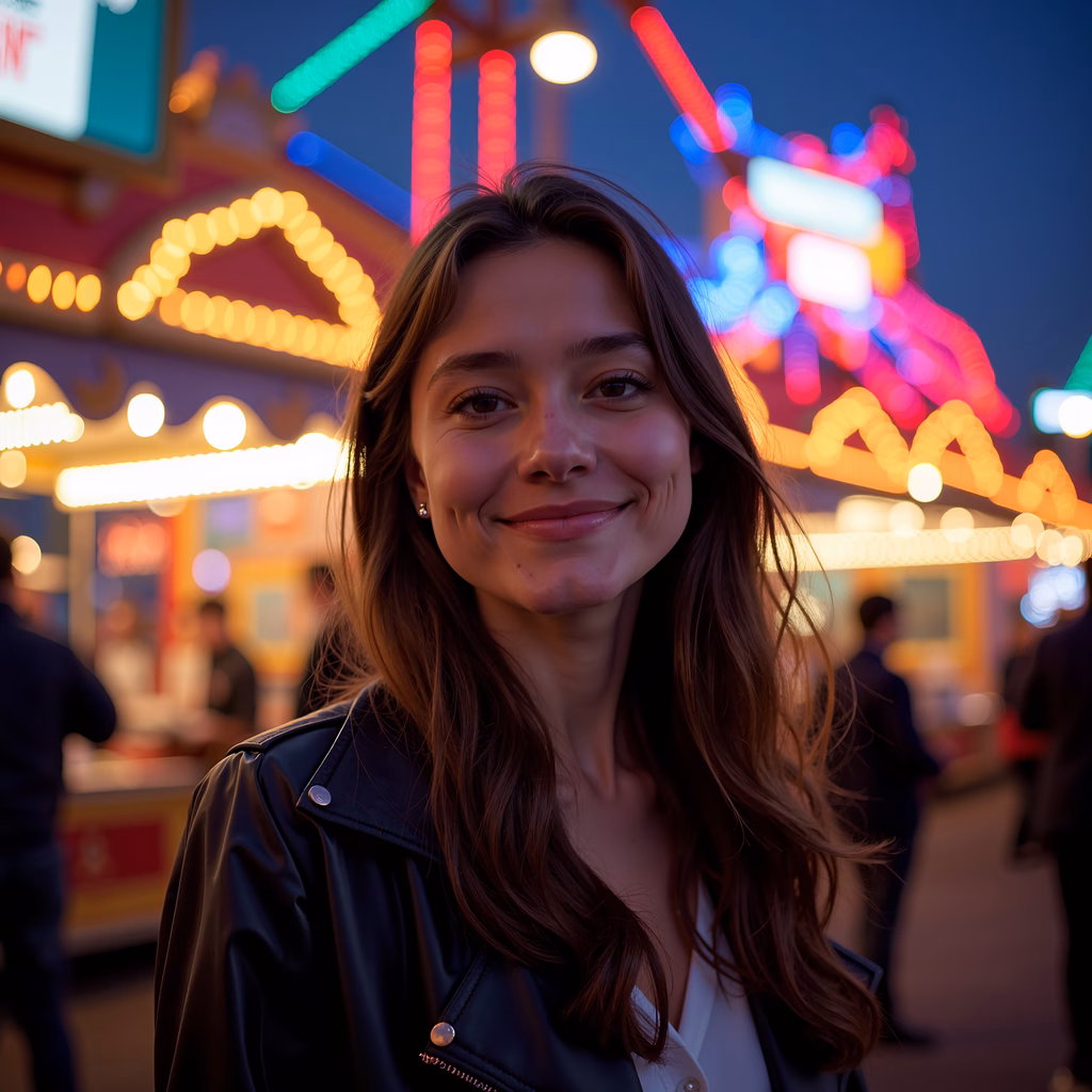 A cheerful night portrait at a carnival with neon lights and vibrant colors.