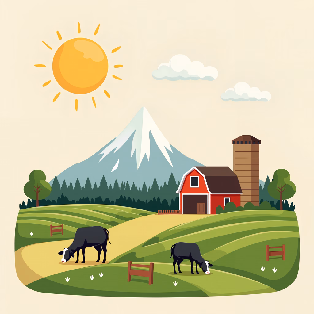 A peaceful farm scene with cows grazing under a sunny sky.