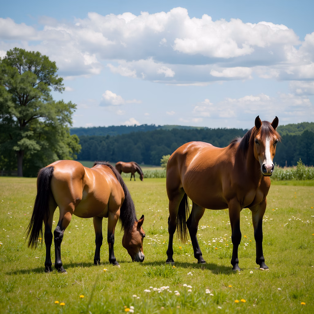 Horses grazing in a picturesque rural landscape under a clear blue sky.