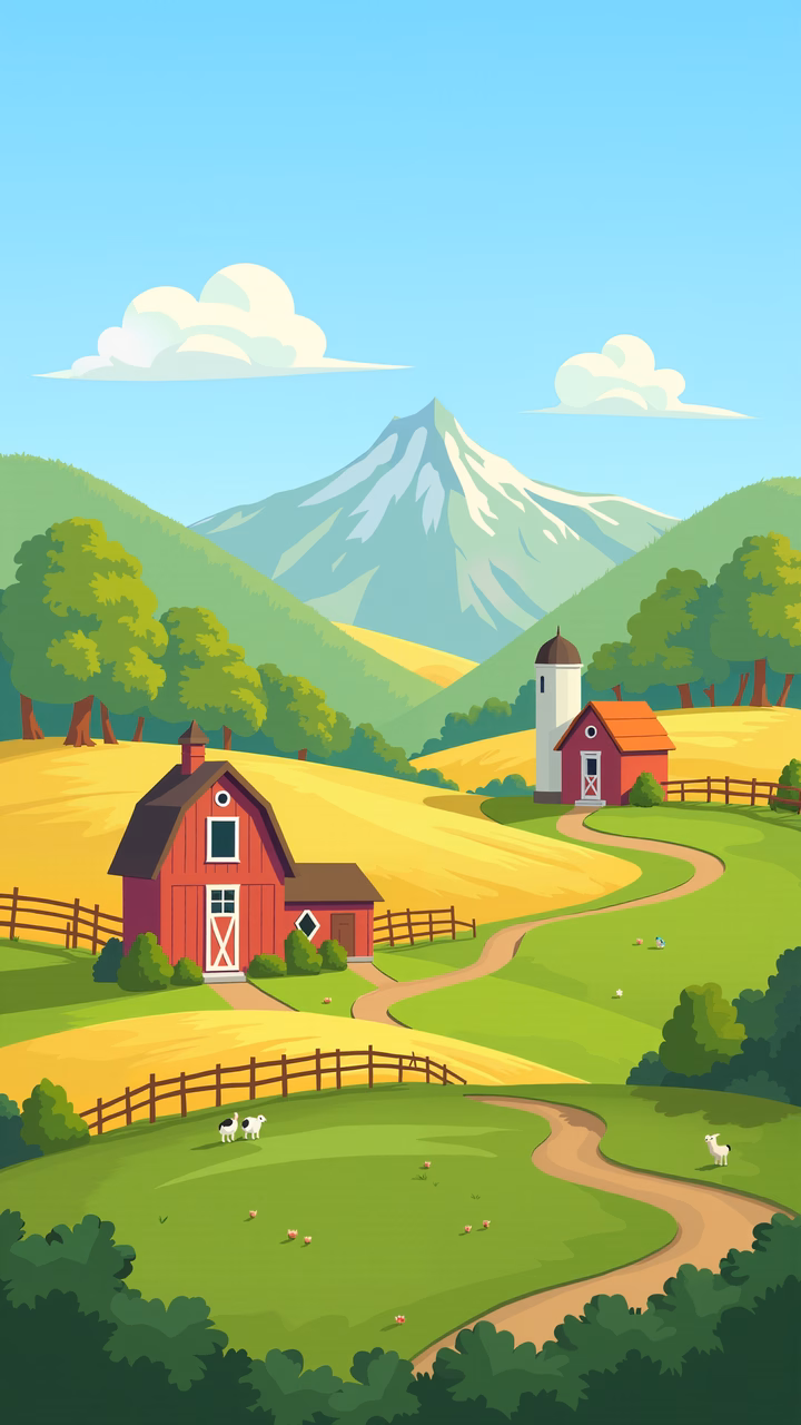 A picturesque farm scene with red barns and rolling hills under a clear sky.