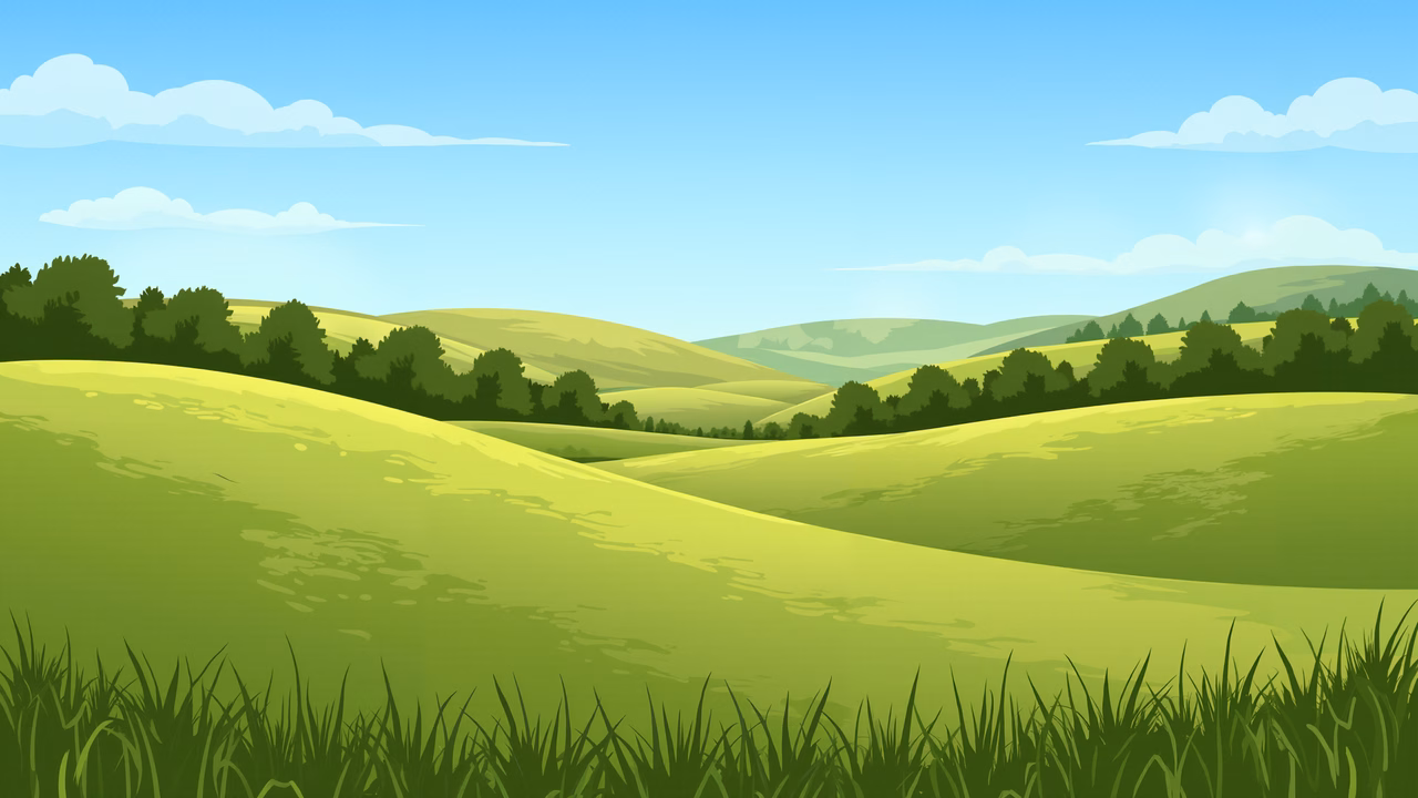 A peaceful pastoral landscape with rolling hills and lush greenery under a clear blue sky.