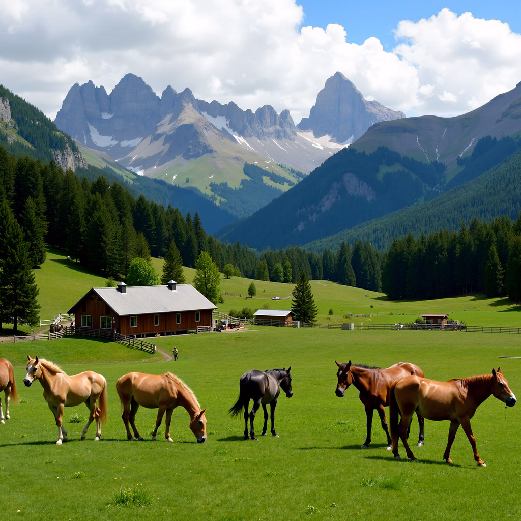 Horses grazing in a serene mountain meadow under a partly cloudy sky.