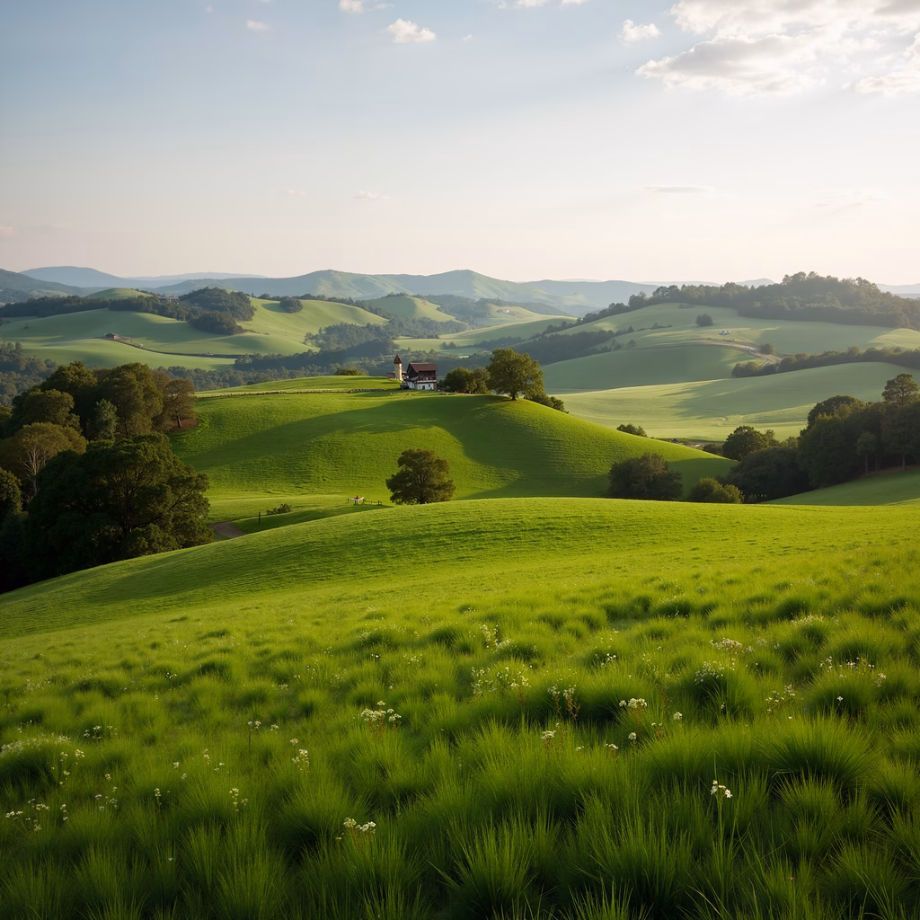 A tranquil pastoral landscape with rolling hills and a small house.