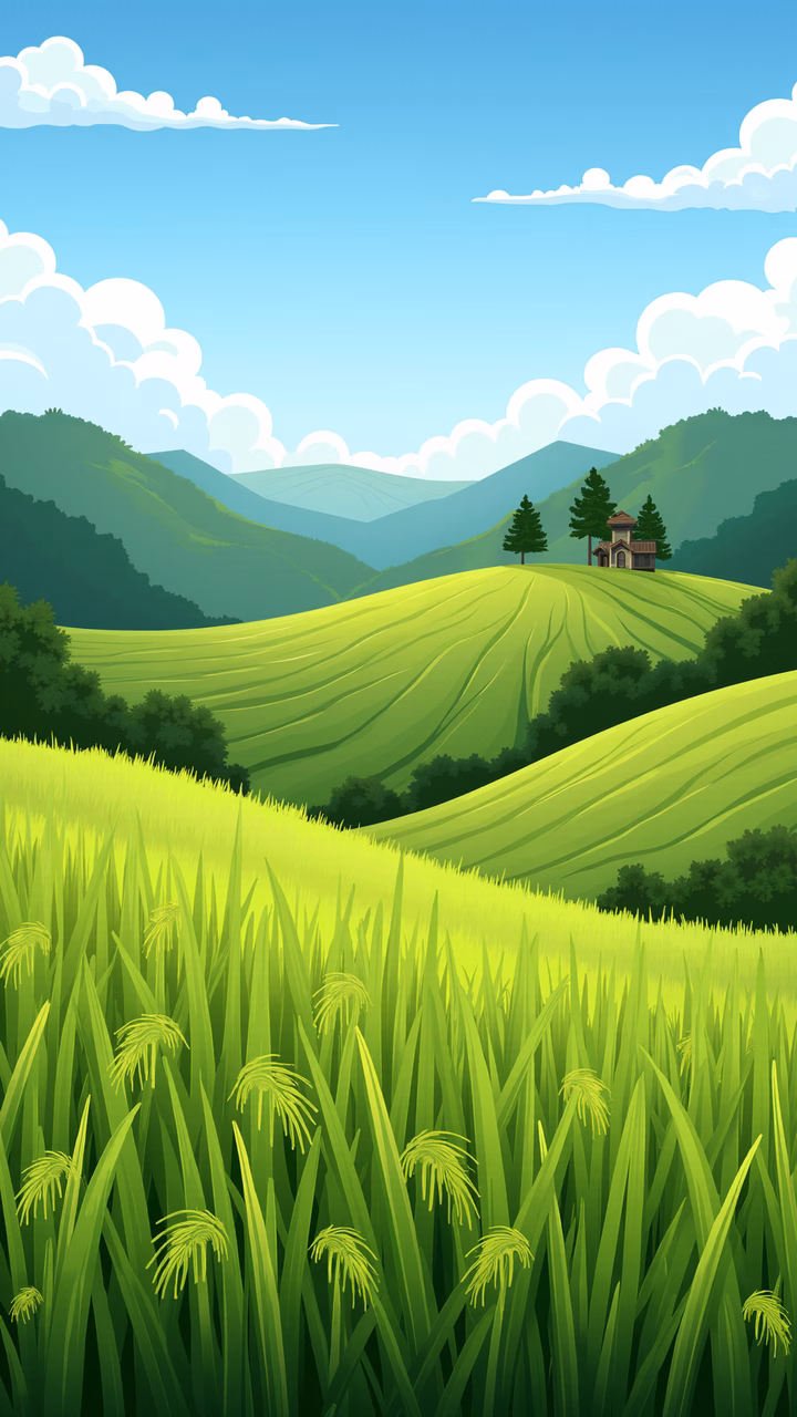 A tranquil pastoral scene with rolling hills and a small house under a clear sky.