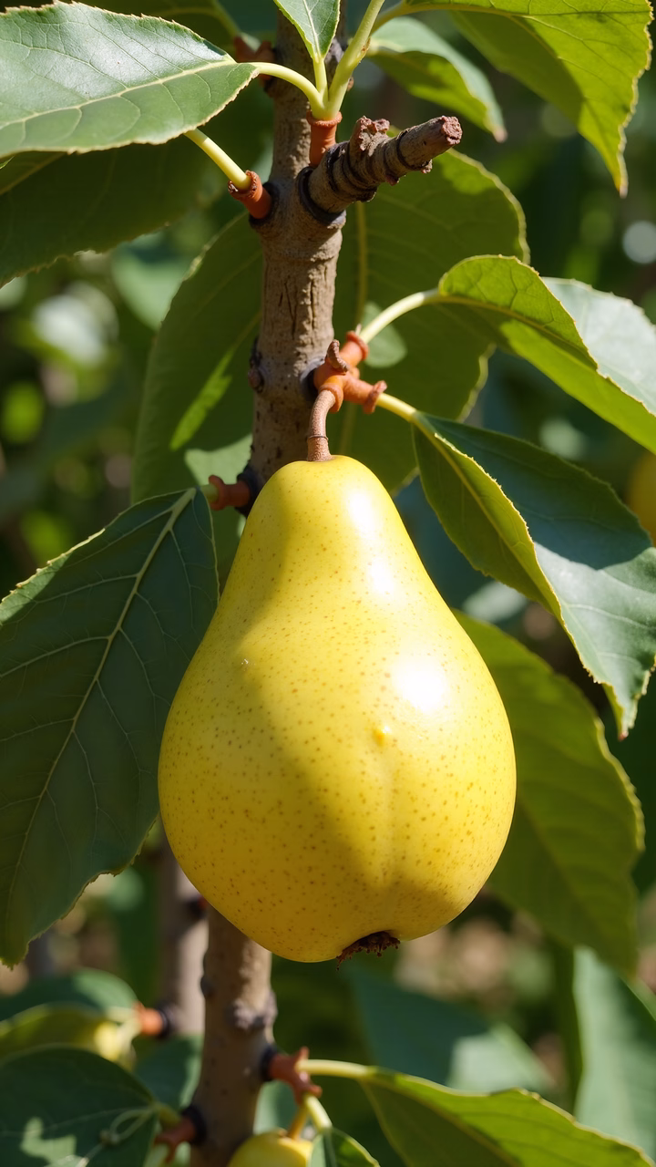 Close-up of a ripe pear hanging from a tree branch surrounded by green leaves, captured in natural light.
