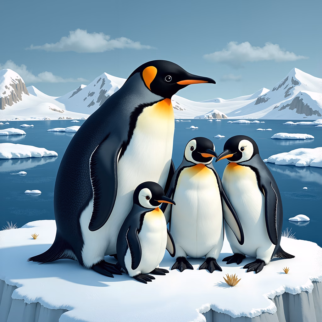 A family of penguins on a snowy ice floe, surrounded by serene mountains and calm waters.