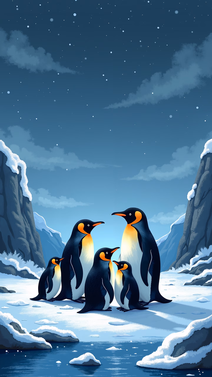 A cozy penguin family scene under a starlit sky, perfect for winter-themed decor.