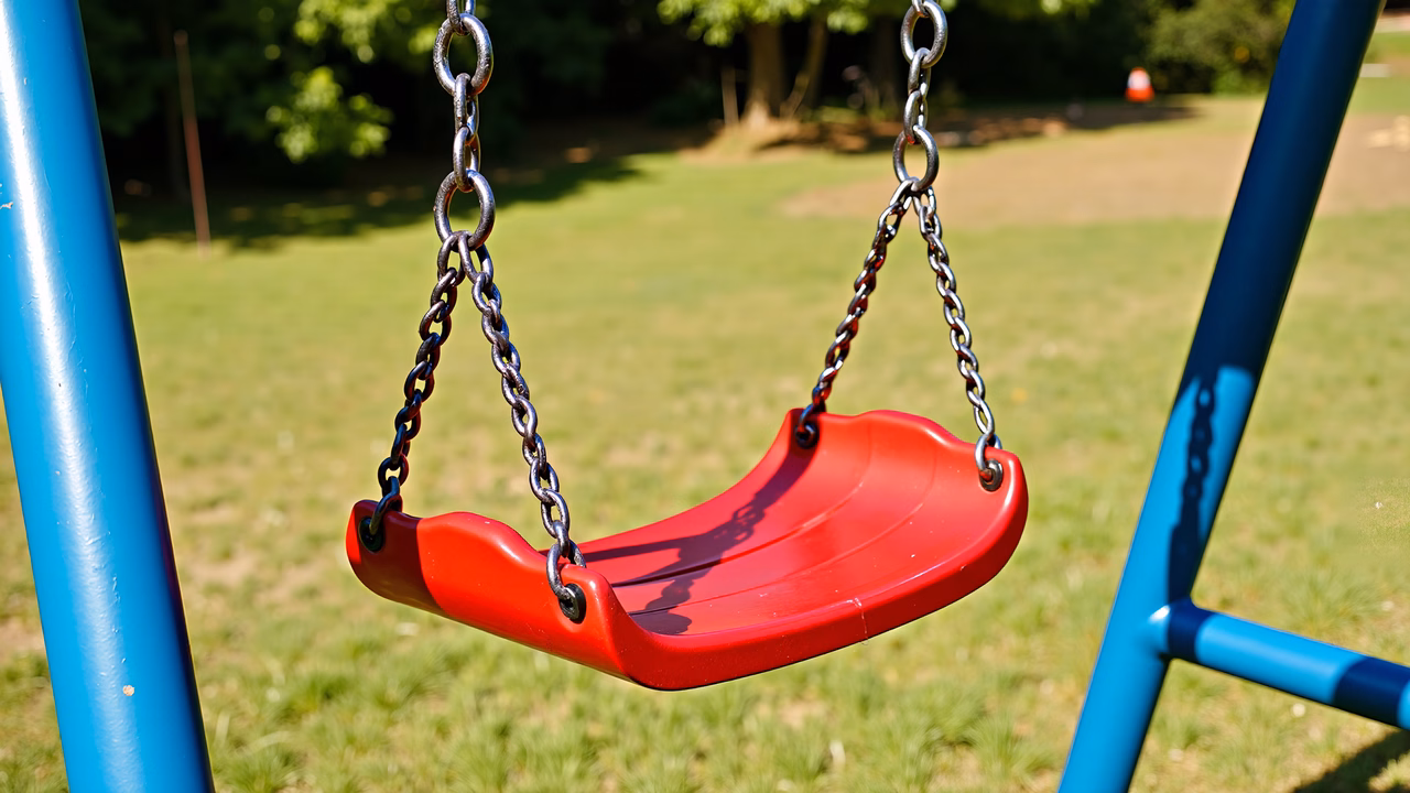 A red swing in a sunny playground setting.