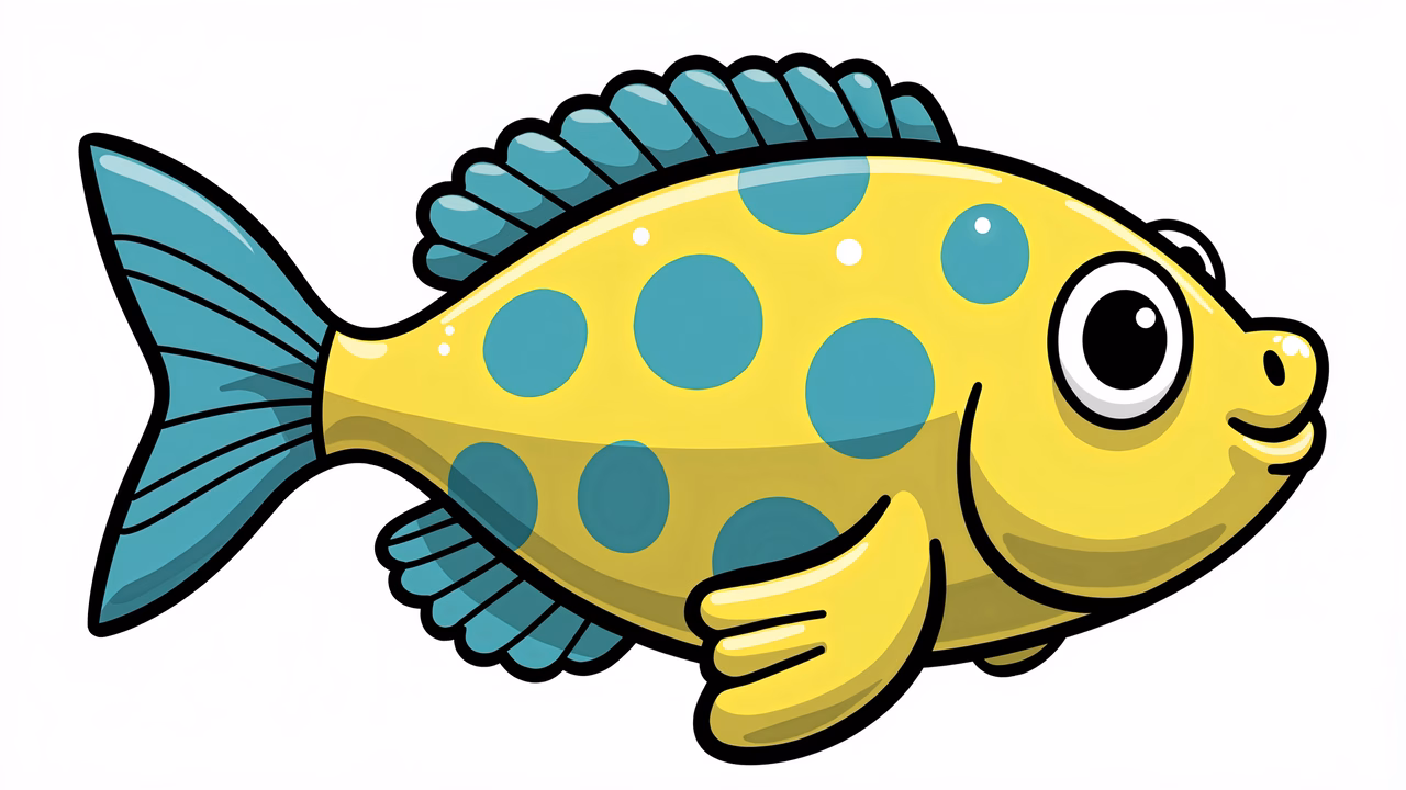 Brightly colored polka dot fish in a playful cartoon style.
