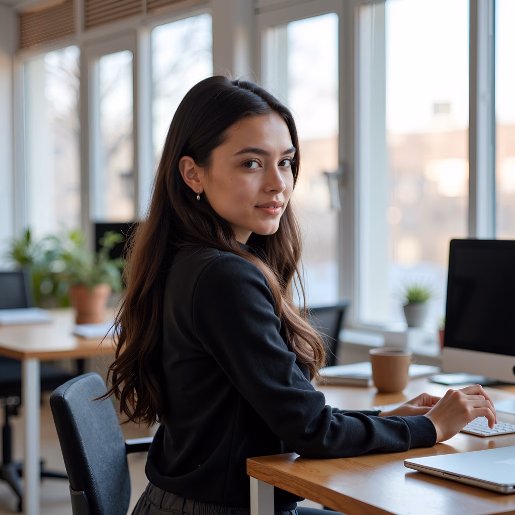 Professional portrait of a woman in a modern office setting, capturing productivity and professionalism.