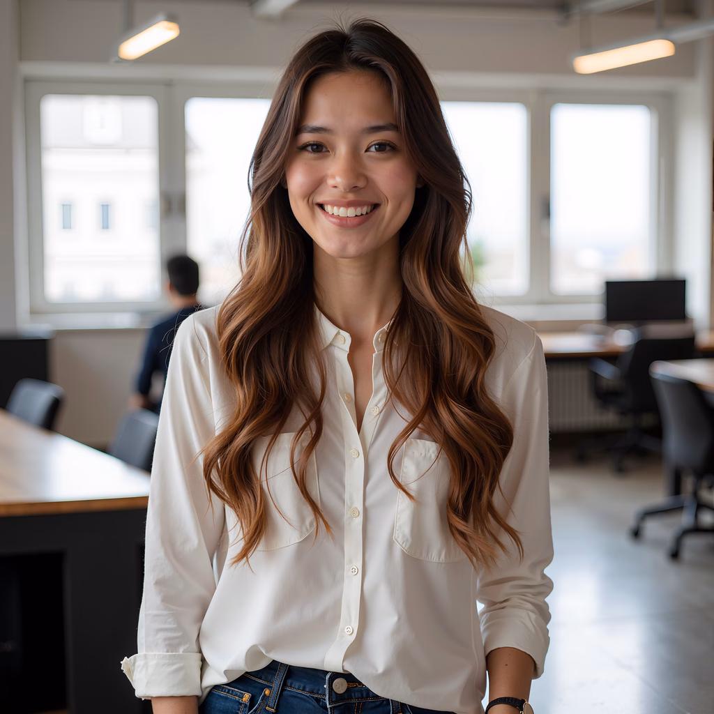 Confident professional portrait in a modern office environment.