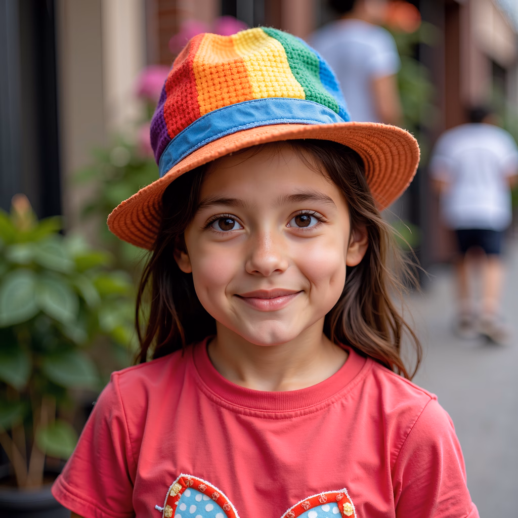 Close-up portrait of a child in a colorful rainbow hat, outdoors.